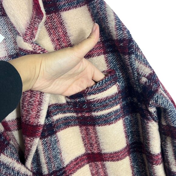 Blank NYC Jacket WMNS M Cream Wool Blend Oversized Burgundy Plaid Trench Teddy - Picture 10 of 12